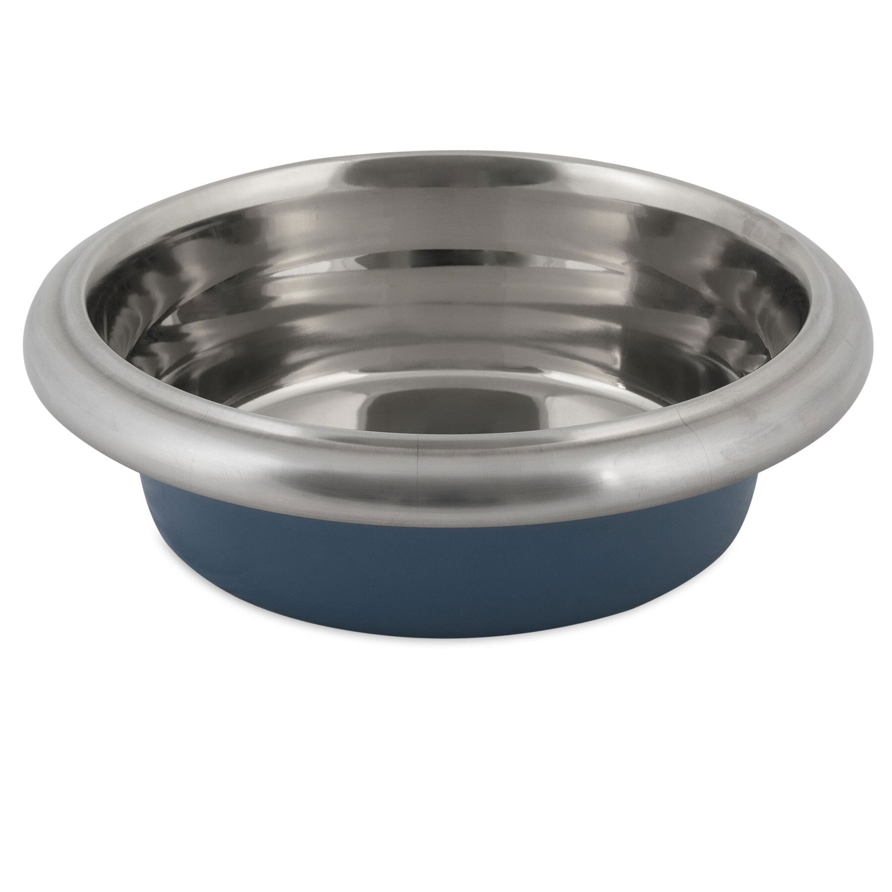 The Petmate Easy Grip Stainless Steel Pet Bowl features a shiny stainless steel design with a wide rim and a blue rubber base for non-skid stability. The empty bowl, part of the Petmate collection, is set against a plain white background.