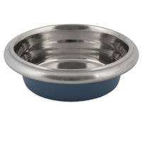 The Petmate Easy Grip Stainless Steel Pet Bowl features a shiny stainless steel design with a wide rim and a blue rubber base for non-skid stability. The empty bowl, part of the Petmate collection, is set against a plain white background.