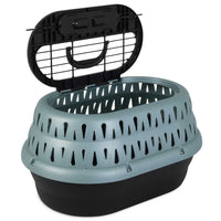The Petmate E-Z Load Top Load Cat Kennel by Petmate features a black base, light blue ventilated lid, built-in top handle, metal grid door for security, and 360-degree ventilation to help reduce travel stress for your pet.