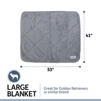 The PetFusion Microplush Quilted Dog Blanket is a large, gray quilted blanket measuring 53x41. Made from ultra-soft micro-plush material and machine-washable, its perfect for Golden Retrievers or similar breeds.