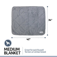 The PetFusion Microplush Quilted Dog Blanket, measuring 42x34 inches in medium gray, is ideal for Jack Russell Terriers. This ultra-soft blanket features a small corner logo and is machine-washable for convenience.
