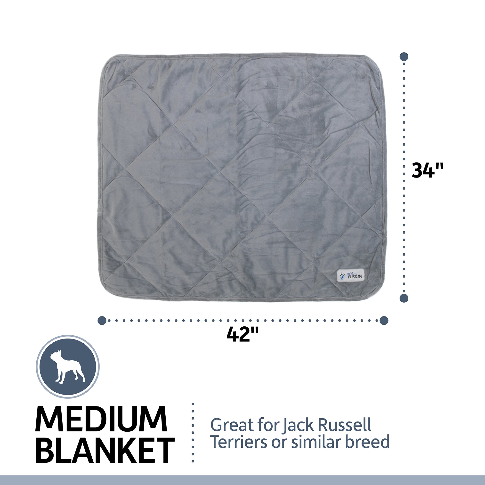 The PetFusion Microplush Quilted Dog Blanket, measuring 42x34 inches in medium gray, is ideal for Jack Russell Terriers. This ultra-soft blanket features a small corner logo and is machine-washable for convenience.