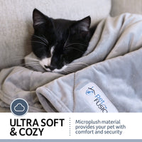 A black and white cat is nestled in a PetFusion Microplush Quilted Dog Blanket on a couch. The blanket, featuring the signature Petfusion logo tag, is ultra-soft and cozy with microplush material for comfort and security, plus its machine-washable for easy maintenance.
