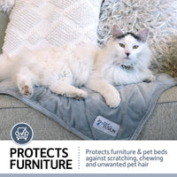 A fluffy white and gray cat lounges on a PetFusion Microplush Quilted Dog Blanket, an ultra-soft, machine-washable micro-plush in elegant gray that protects furniture and pet beds from scratching, chewing, and unwanted hair.