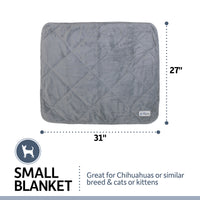 The PetFusion Microplush Quilted Dog Blanket, measuring 31 x 27, is ultra-soft and perfect for Chihuahuas, similar breeds, or cats. Its machine-washable and features a small dog icon to appeal to your furry friends.
