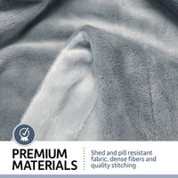 Close-up of a soft, gray Petfusion Microplush Quilted Dog Blanket featuring quality stitching and dense fibers. Text: Premium Materials with a checkmark. Description: Shed and pill-resistant, ultra-soft micro-plush blanket; machine-washable for easy care.