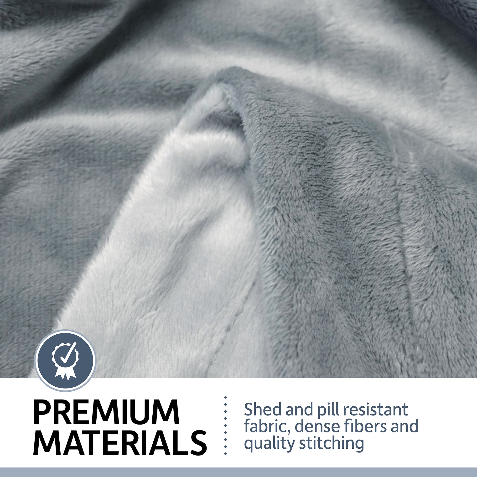 Close-up of a soft, gray Petfusion Microplush Quilted Dog Blanket featuring quality stitching and dense fibers. Text: Premium Materials with a checkmark. Description: Shed and pill-resistant, ultra-soft micro-plush blanket; machine-washable for easy care.