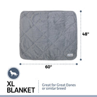 The PetFusion Microplush Quilted Dog Blanket, measuring 60x48 inches, is ideal for Great Danes. Featuring a dog silhouette and XL Blanket text, this machine-washable blanket offers both comfort and practicality.