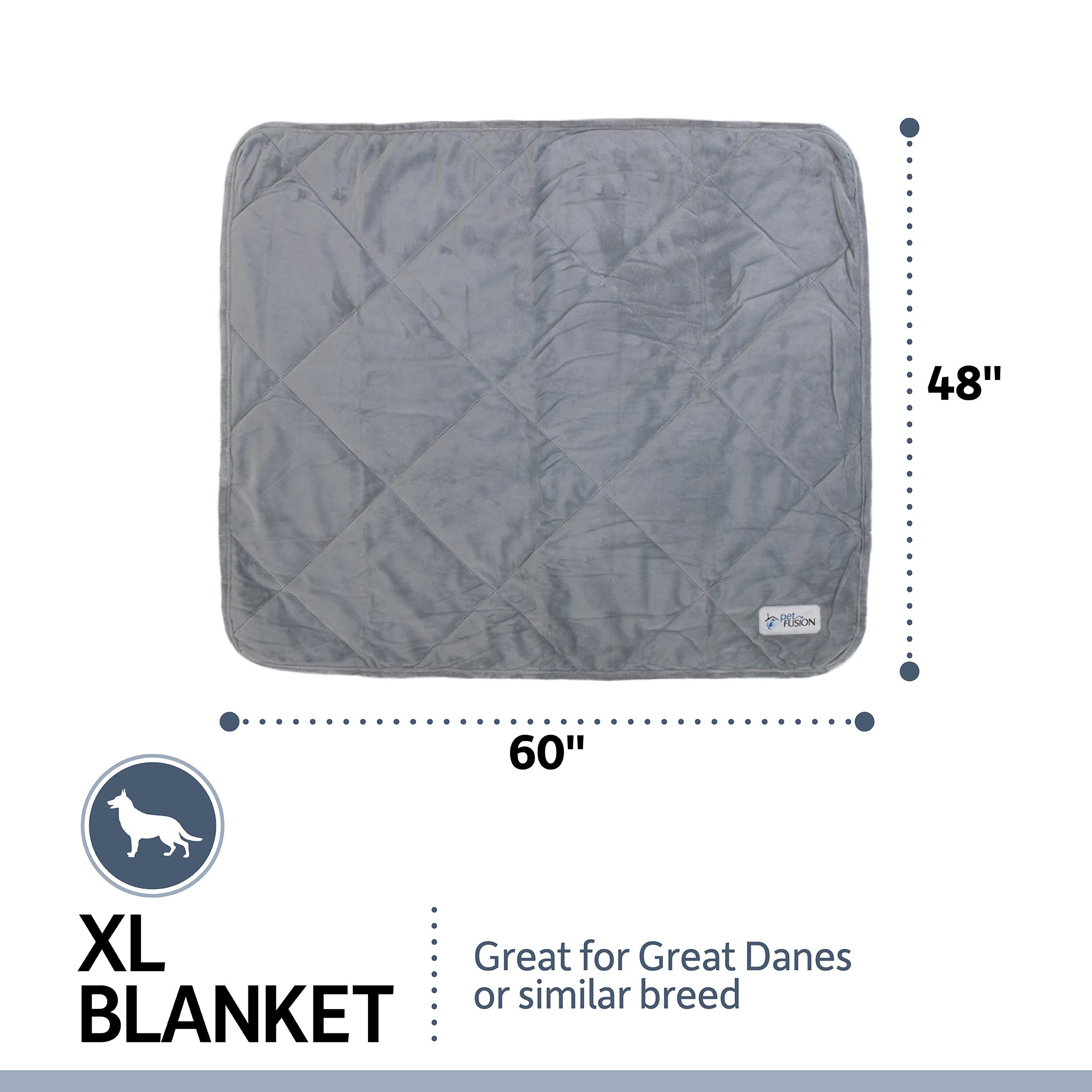 The PetFusion Microplush Quilted Dog Blanket, measuring 60x48 inches, is ideal for Great Danes. Featuring a dog silhouette and XL Blanket text, this machine-washable blanket offers both comfort and practicality.