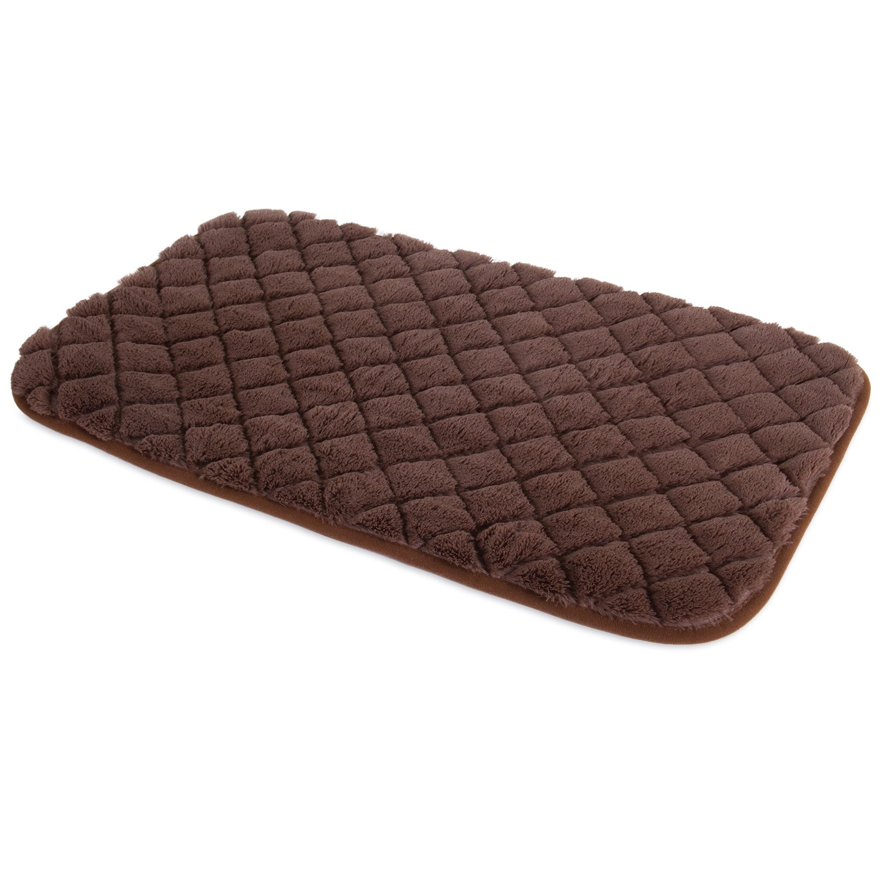 The Snoozzy Brown Quilted Kennel Mat by Snoozzy features a plush, brown rectangular design with a diamond quilted pattern and rounded edges for added comfort. Made from super-soft fabric, it boasts raised textured squares and is machine washable. The mat is displayed on a plain white background.