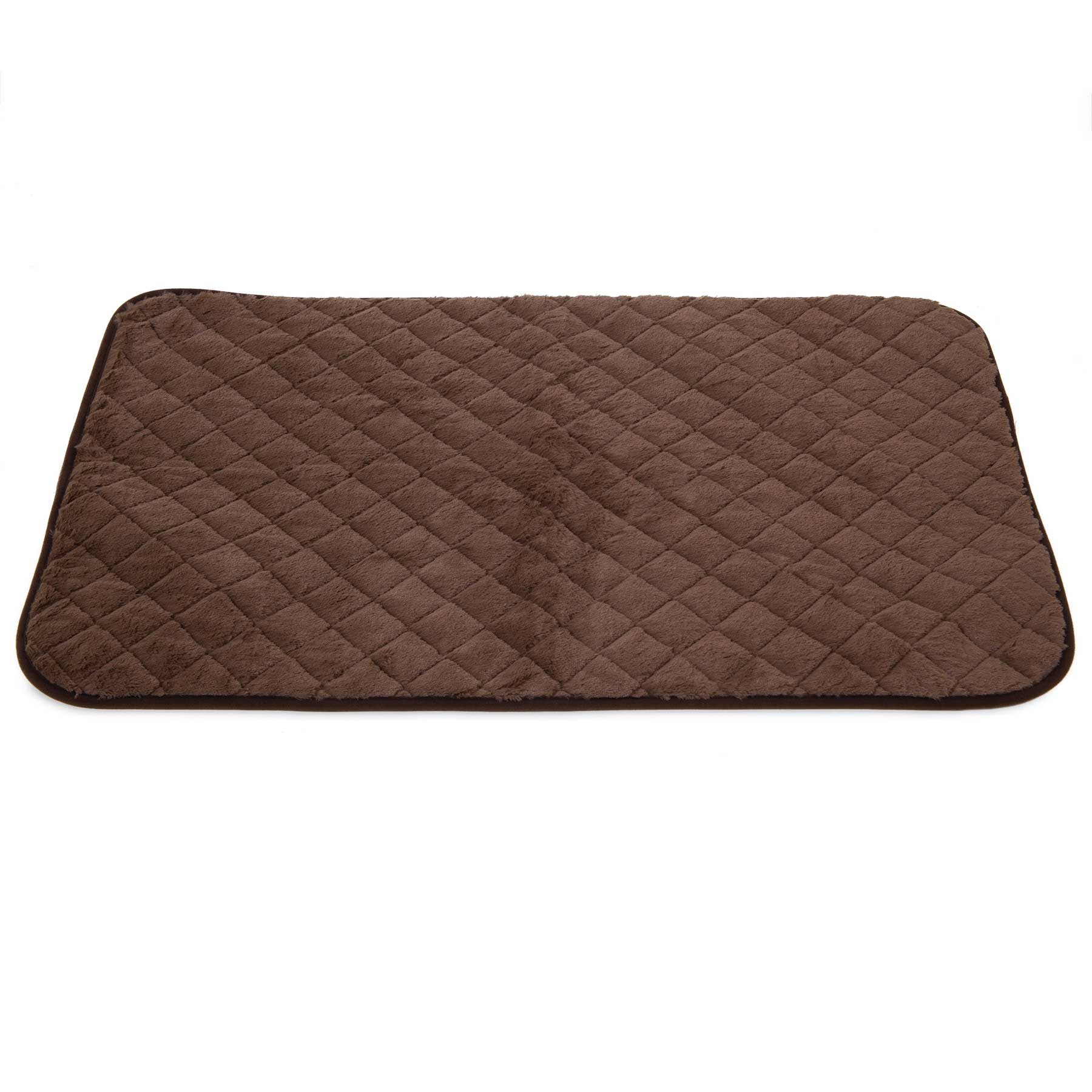 The SnooZZy Brown Quilted Kennel Mat by Snoozzy is a rectangular, dark brown mat made from super-soft plush fabric with a diamond pattern and rounded corners. Its perfect for kennels and conveniently machine washable for easy care.