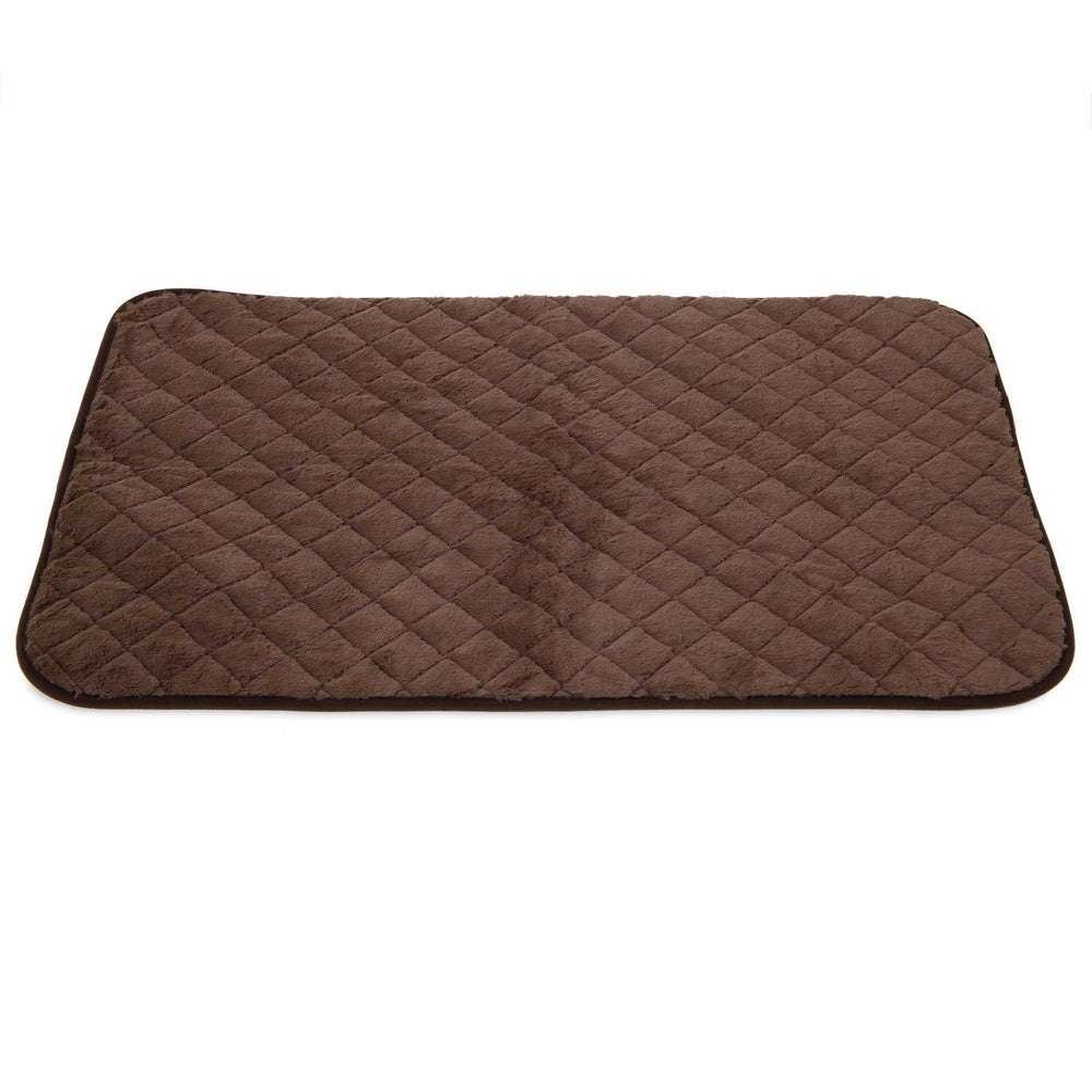 The SnooZZy Brown Quilted Kennel Mat by Snoozzy is a rectangular, dark brown mat made from super-soft plush fabric with a diamond pattern and rounded corners. Its perfect for kennels and conveniently machine washable for easy care.