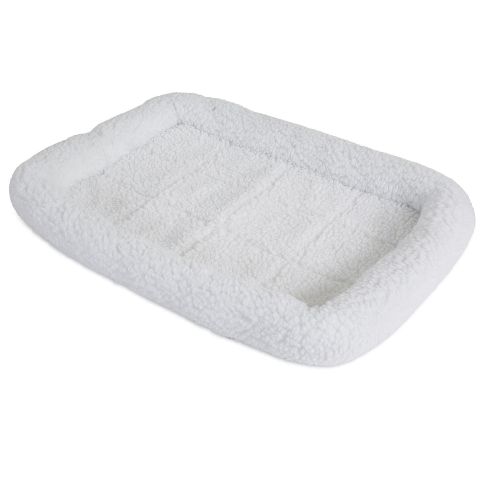The SnooZZy Faux Sheepskin Bolster Kennel Mat by Snoozzy is a rectangular, fluffy white pet bed with raised edges and a soft surface, ideal for crate training. This cozy haven resembles sheepskin and is machine washable for easy maintenance.