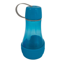 The Petmate Blue Replendish To-Go Travel Water Bottle is a translucent, ergonomic container ideal for pet hydration during travel. It has a wide base, rubber strap on the lid, gray flexible handle for easy carrying, and comes with an optional detachable water bowl.