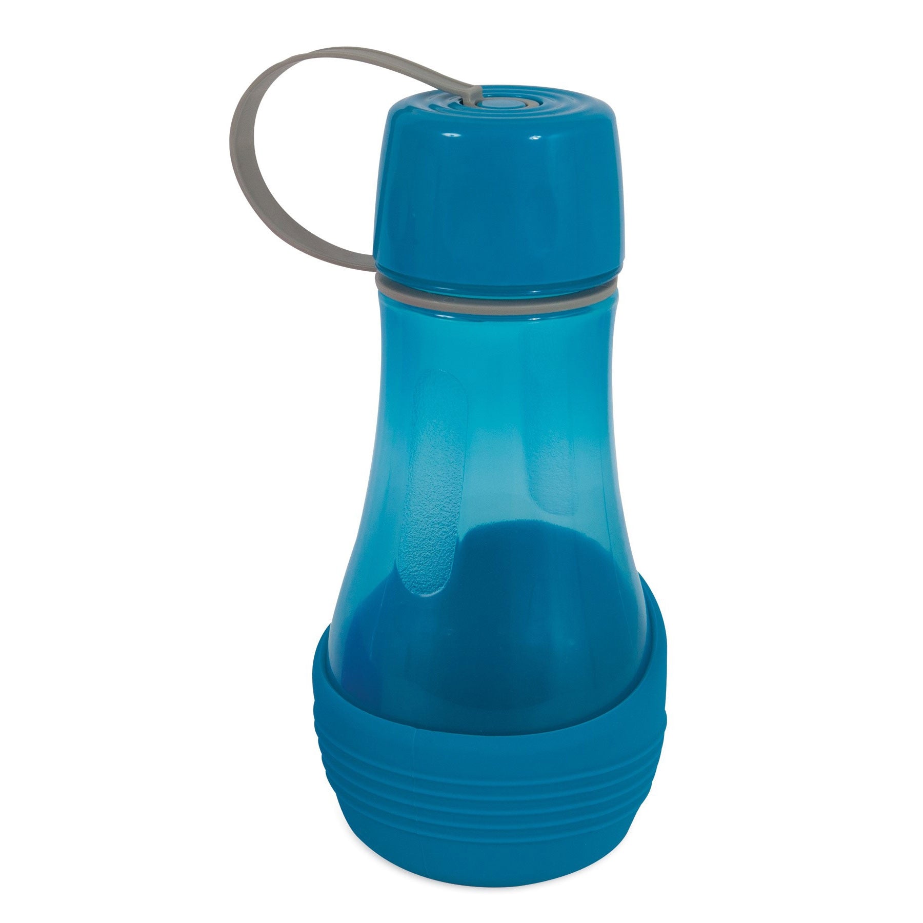 The Petmate Blue Replendish To-Go Travel Water Bottle is a translucent, ergonomic container ideal for pet hydration during travel. It has a wide base, rubber strap on the lid, gray flexible handle for easy carrying, and comes with an optional detachable water bowl.