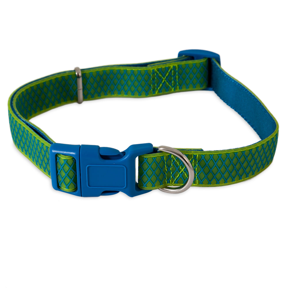 Introducing the Petmate Green Grid Glow in the Dark Dog Collar. This stylish collar, featuring a diamond and subtle green grid pattern, offers a sturdy plastic buckle and metal D-ring for leash attachment, making it perfect for your fashionable pet.