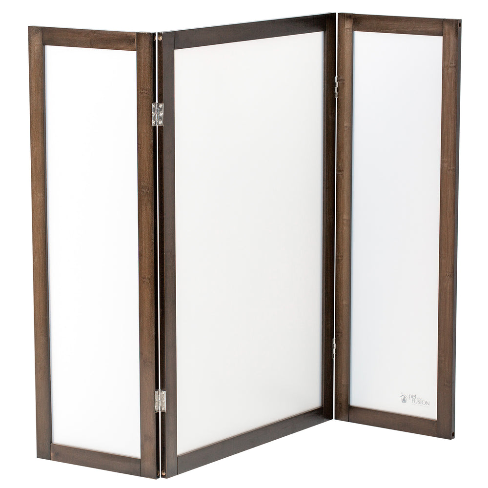 The PetFusion Modest Cat Litter Box Privacy Screen offers elegance and versatility with its three-panel bamboo frame and white opaque panels. This dark brown beauty folds easily for adjustment, serving as a chic cat privacy screen or litter box enclosure while blending style with functionality.