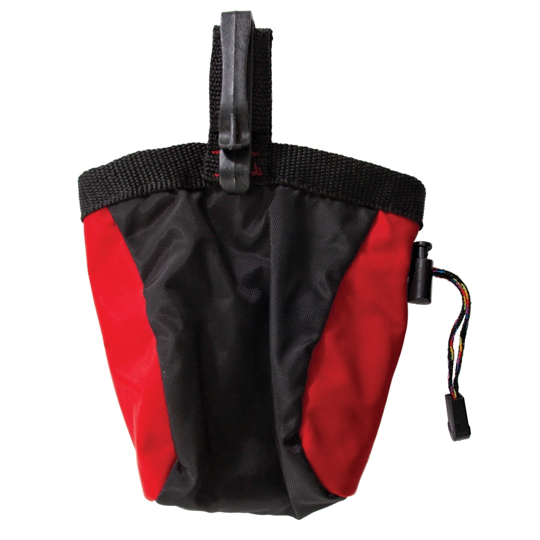The Chuckit! Treat Tote, in black and red, is crafted from durable packcloth. It features a drawstring closure and a convenient clip for easy attachment, designed to securely hold treats during your adventures.