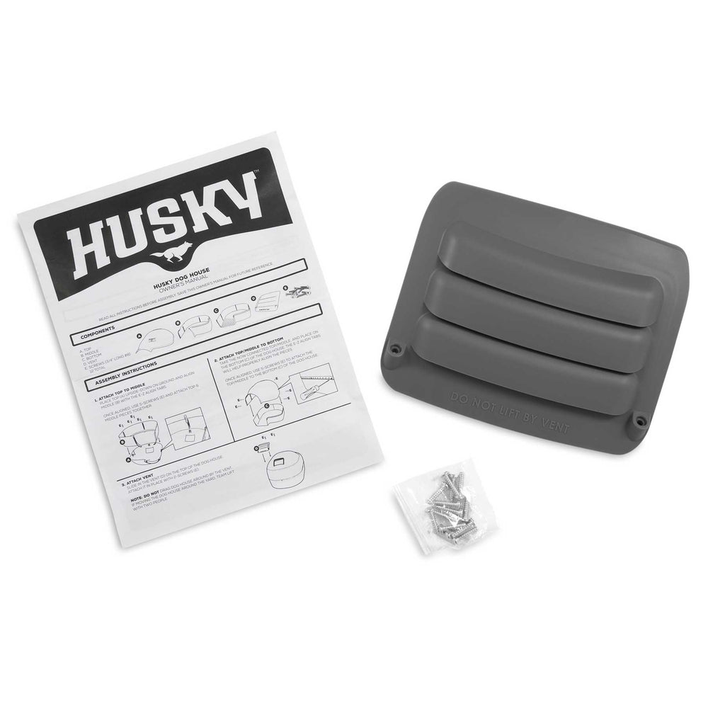 The Petmate Husky Shelter Vent Kit by Petmate is a gray vehicle part with three horizontal slats, accompanied by an instruction manual, installation guide, and a small bag of screws to ensure your pets safety.