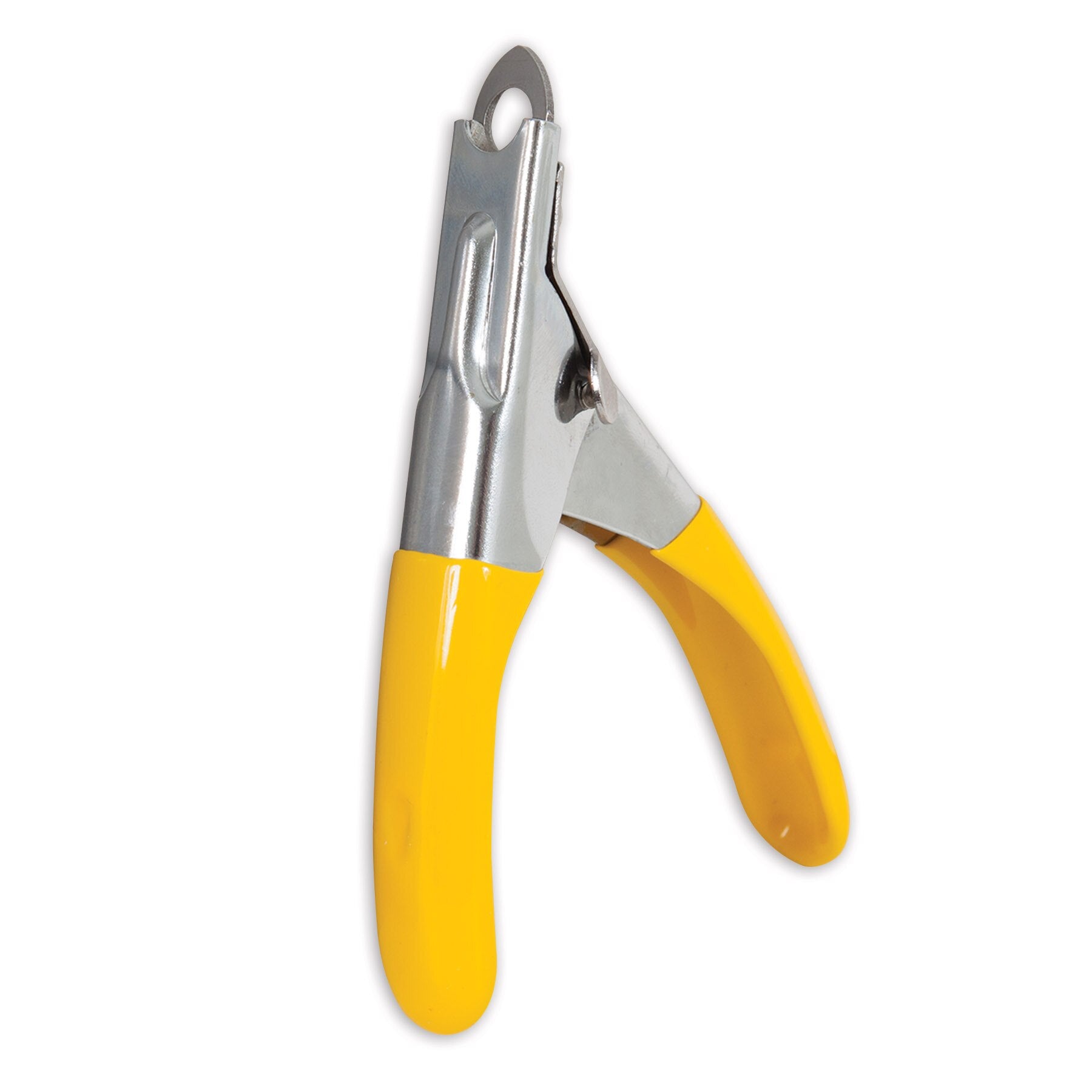The JW Gripsoft Pet Nail Trimmer by Jw is a silver guillotine-style clipper with yellow ergonomic handles, a rounded cutting edge, and a spring mechanism. It stands upright against a white background for effortless grooming.