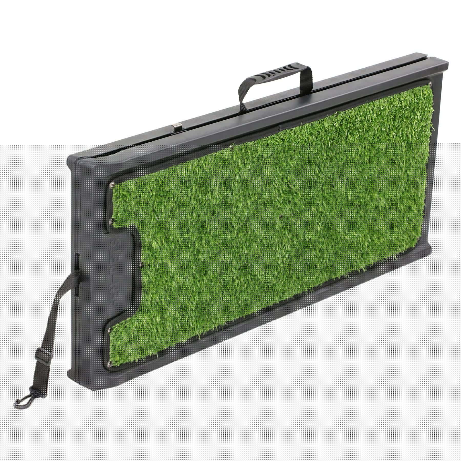 The Gen7Pets Natural Step Ramp for Vehicles by Gen7 includes a portable black case with a poly-grass surface that simulates the ramps feel. It has a top handle and side adjustable strap for easy transport.
