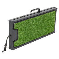 The Gen7Pets Natural Step Ramp for Vehicles by Gen7 includes a portable black case with a poly-grass surface that simulates the ramps feel. It has a top handle and side adjustable strap for easy transport.