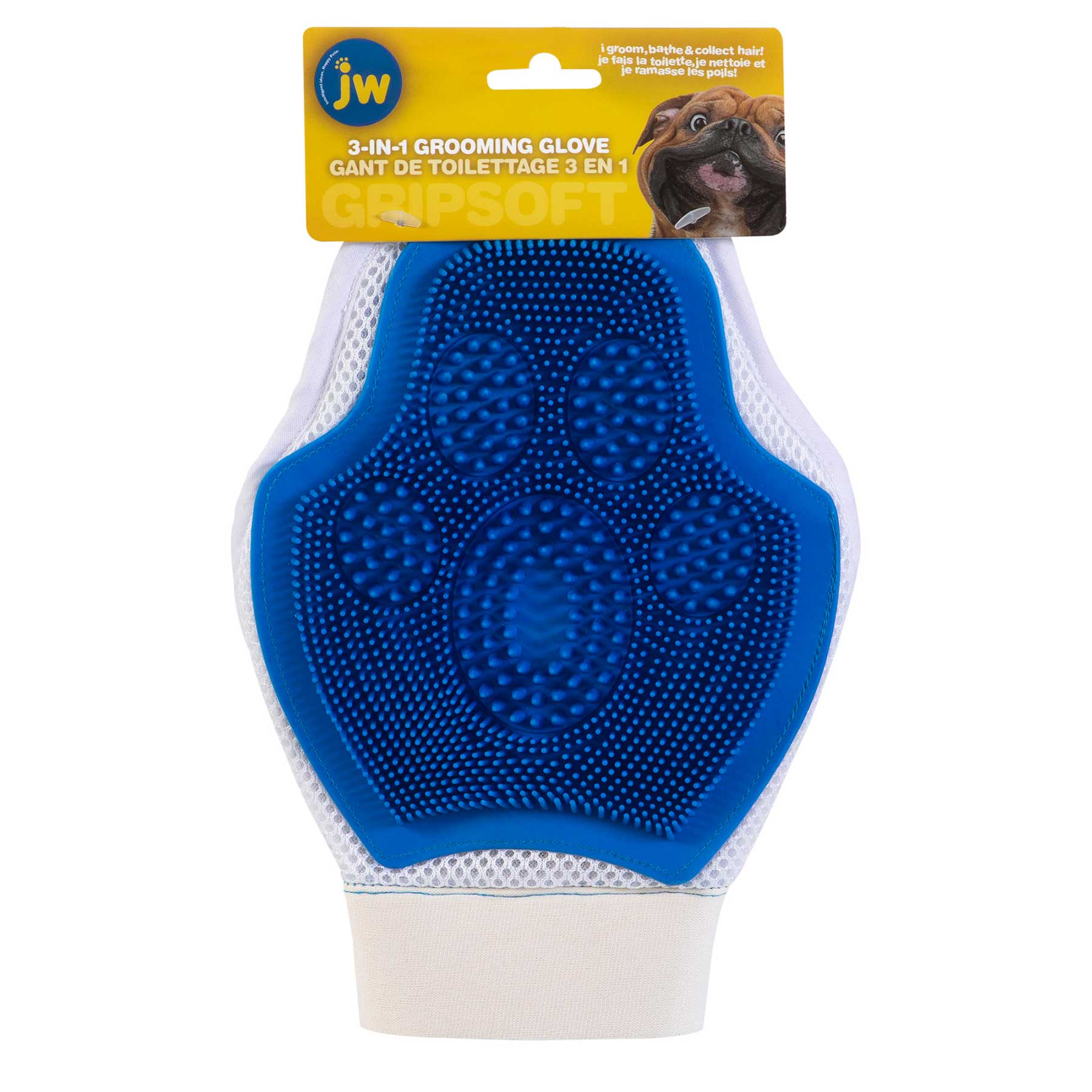 The JW 3-In-1 Dog Grooming Glove by Jw is a blue and white pet care essential featuring rubber bristles, a paw-shaped design, an adjustable wrist strap for comfort, and is machine washable, making grooming easy.