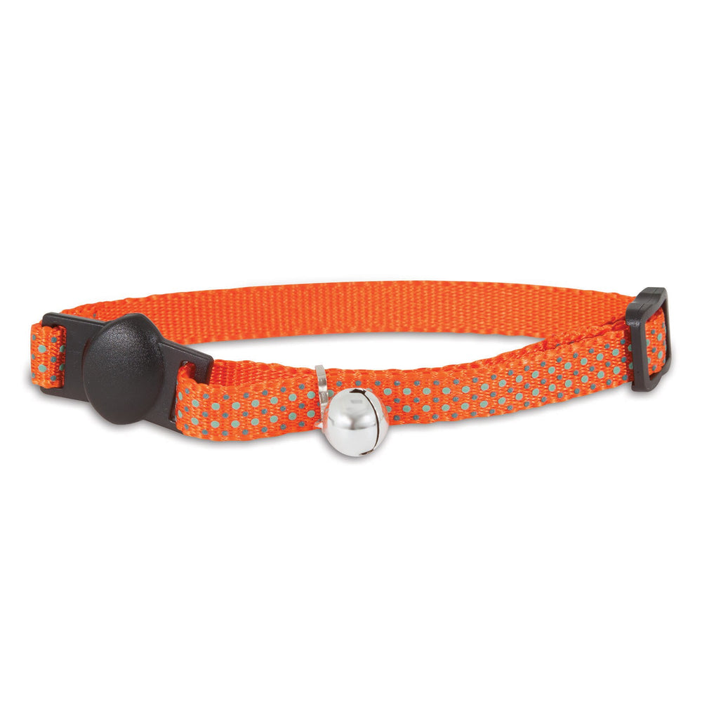 The Petmate Orange Dots Glow in the Dark Cat Collar features an adjustable breakaway buckle for safety, a small silver bell, and a bright orange reflective design.