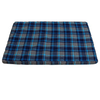 The Aspen Pet Small Plaid Orthopedic Bed offers a stylish blue and black plaid design with intersecting lines, forming squares and rectangles. This comfortable rectangular mattress features a removable cover for easy cleaning.