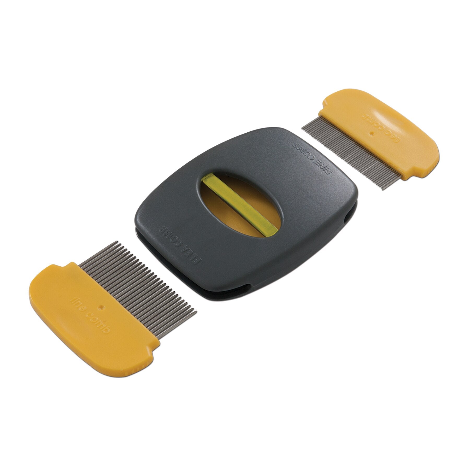 The JW Gripsoft Flea & Fine Comb by Jw is a dual-sided grooming tool featuring a black central handle with two detachable yellow combs, equipped with fine stainless steel tines for effectively removing lice and nits.