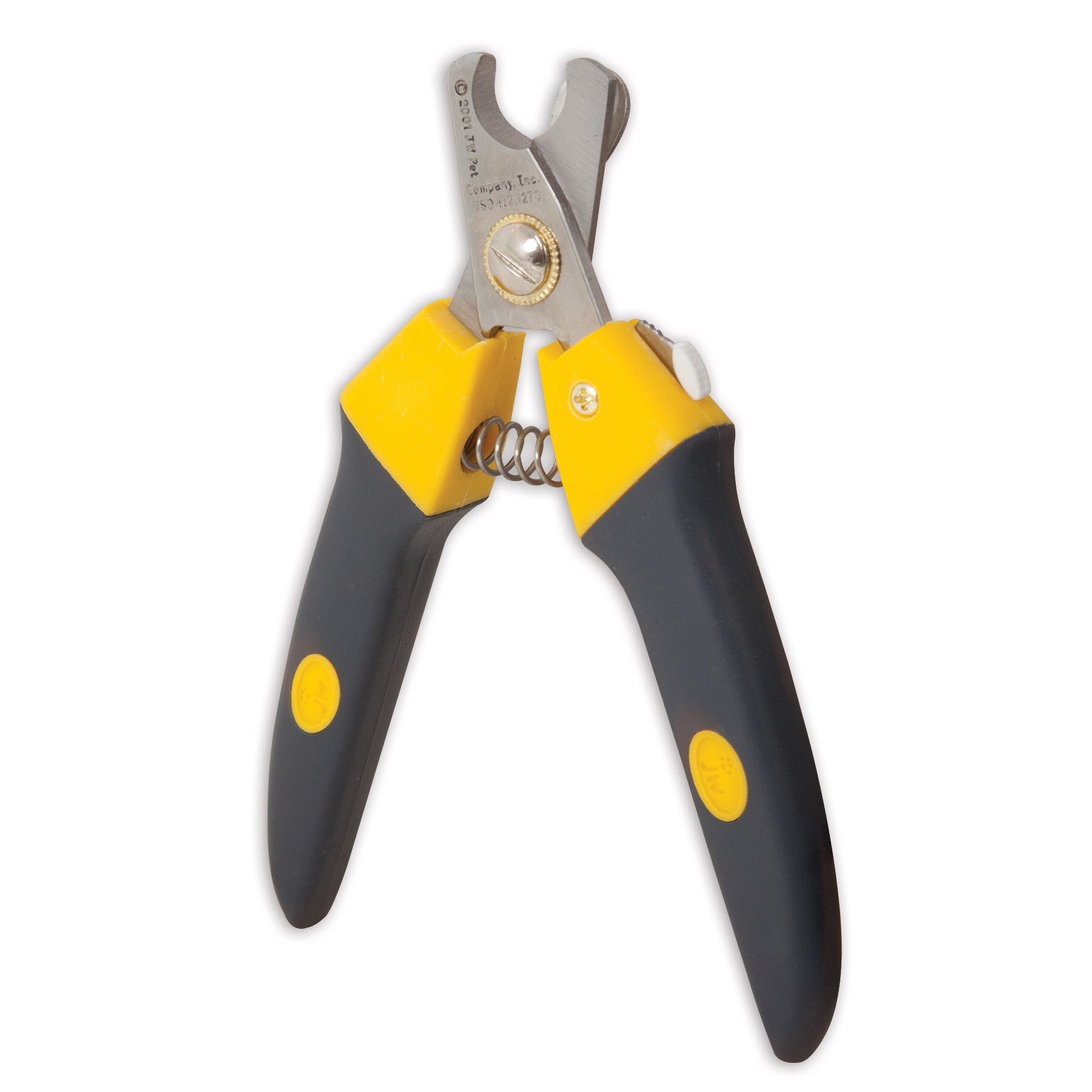 The JW Gripsoft Deluxe Dog Nail Clipper by Jw has yellow and black handles with GripSoft technology for a secure grip, a shiny metal blade with a cutting guard, and a sturdy spring mechanism for smooth operation.