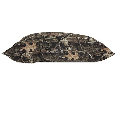 The Ruffmaxx Mossy Oak Pillow Dog Bed by Ruff Maxx features an earthy camo-pattern with brown and green shades, shaped in a standard rectangle. Suitable for rustic themes or outdoor use, it doubles as a water-resistant dog bed.