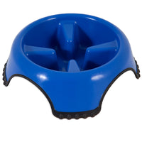 Introducing the Aspen Pet Skid Stop Slow Feeder Dog Bowl in a calming blue with raised sections. Skid Stop black rubber grips ensure stability, preventing spills and making feeding time easy.