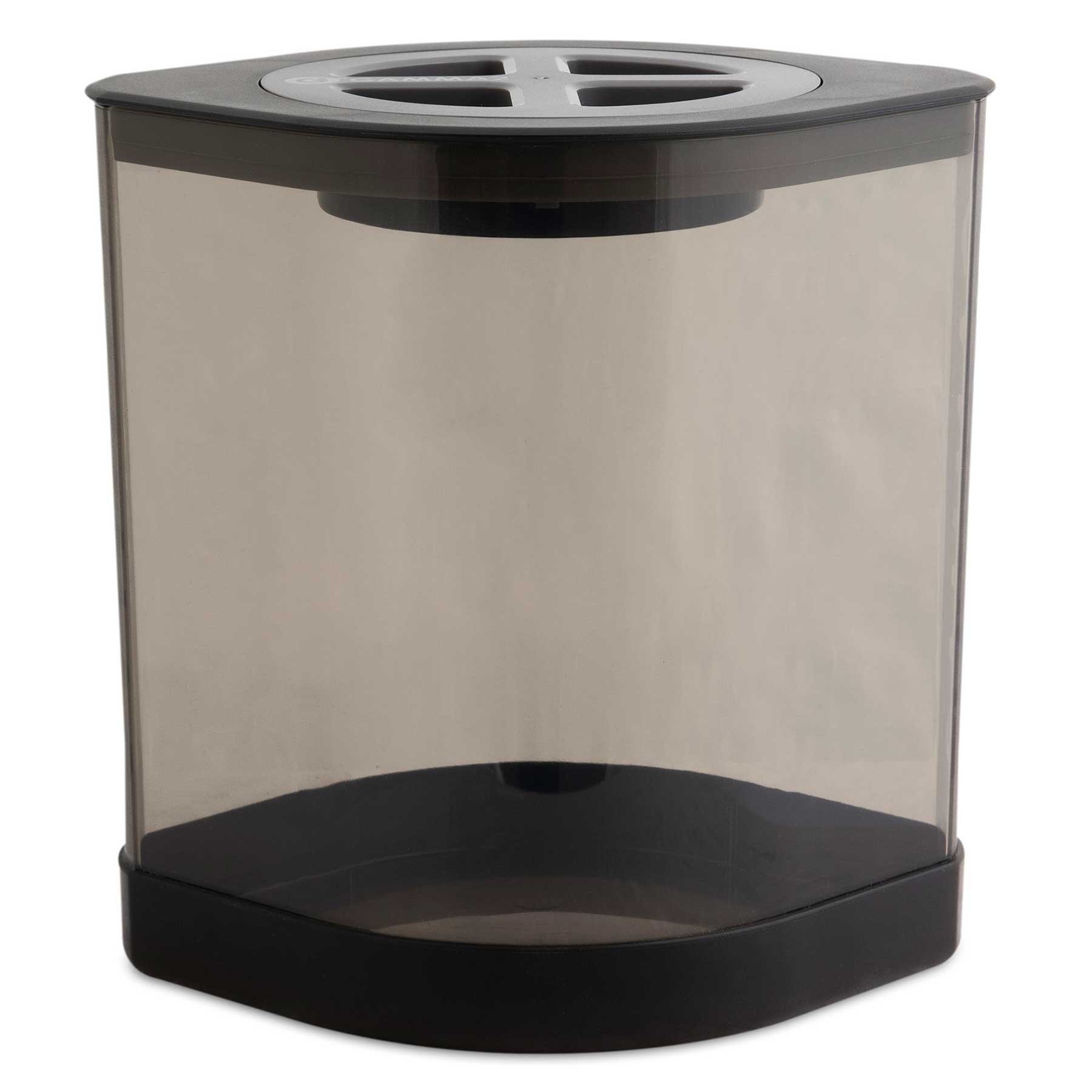 The Vittles Vault Little Vittles Storage Container is a translucent smoke-colored, rectangular pen holder with a black base and top. Inspired by Gamma Seal Technology, the top has three compartments for organizing pens or pencils efficiently.