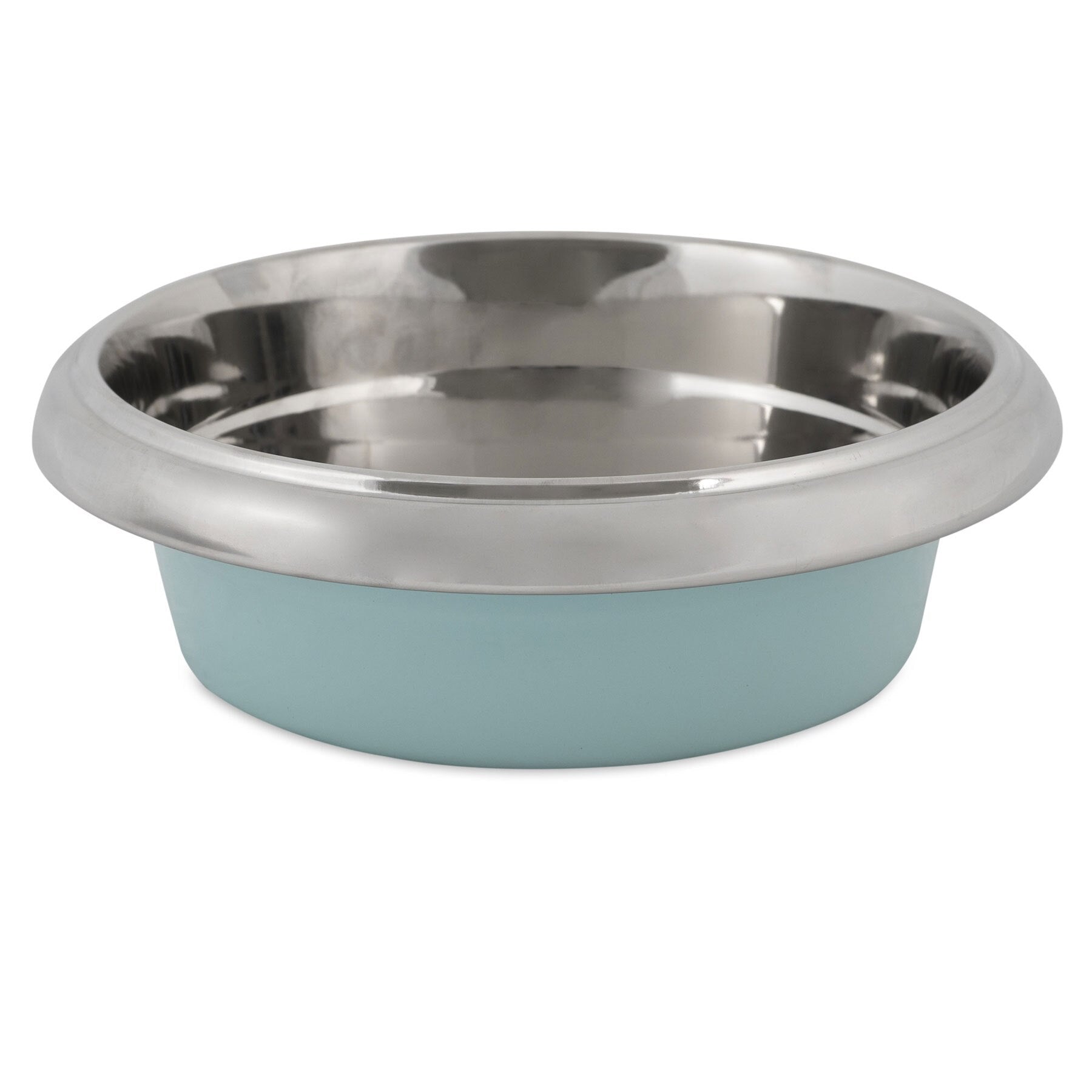The Petmate Easy Grip Stainless Steel Pet Bowl by Petmate features a shiny metal interior and light blue exterior. Its broad, smooth rim minimizes spills, and the non-skid base keeps it stable. The sleek design with reflective surfaces emphasizes its practicality and style.