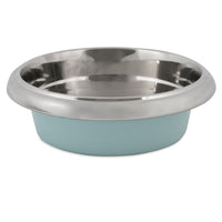 The Petmate Easy Grip Stainless Steel Pet Bowl by Petmate features a shiny metal interior and light blue exterior. Its broad, smooth rim minimizes spills, and the non-skid base keeps it stable. The sleek design with reflective surfaces emphasizes its practicality and style.