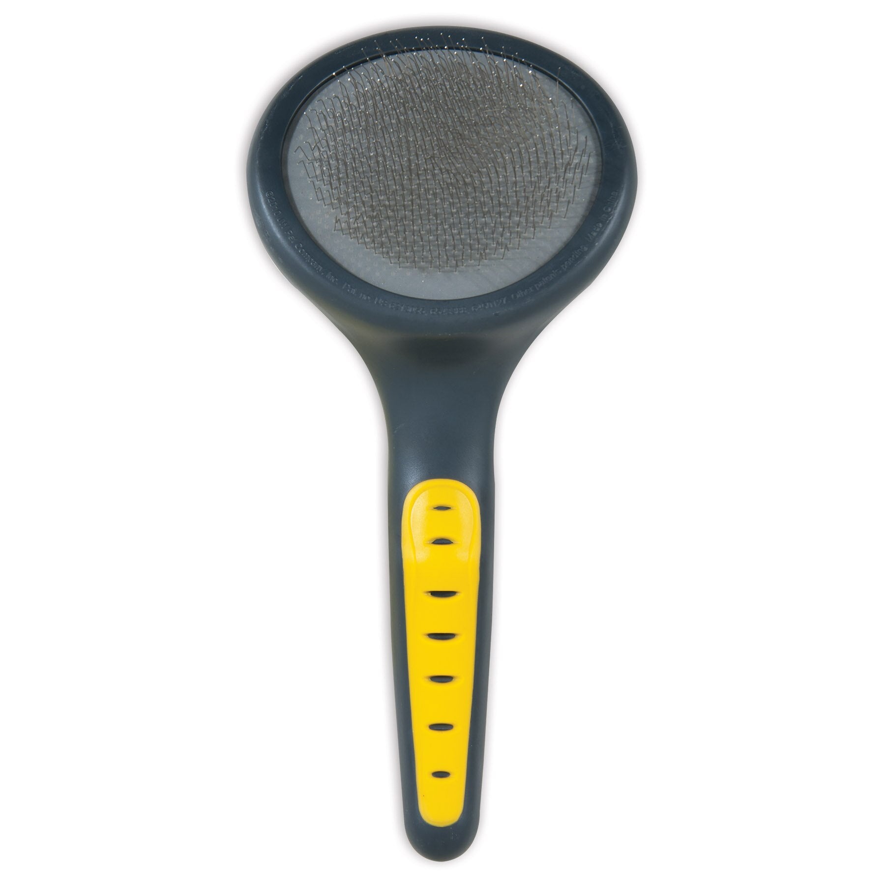 The JW Gripsoft Slicker Brush from Jw is a round black pet brush with soft pins and a long handle, featuring yellow accents and a textured grip for gentle grooming and easy handling.