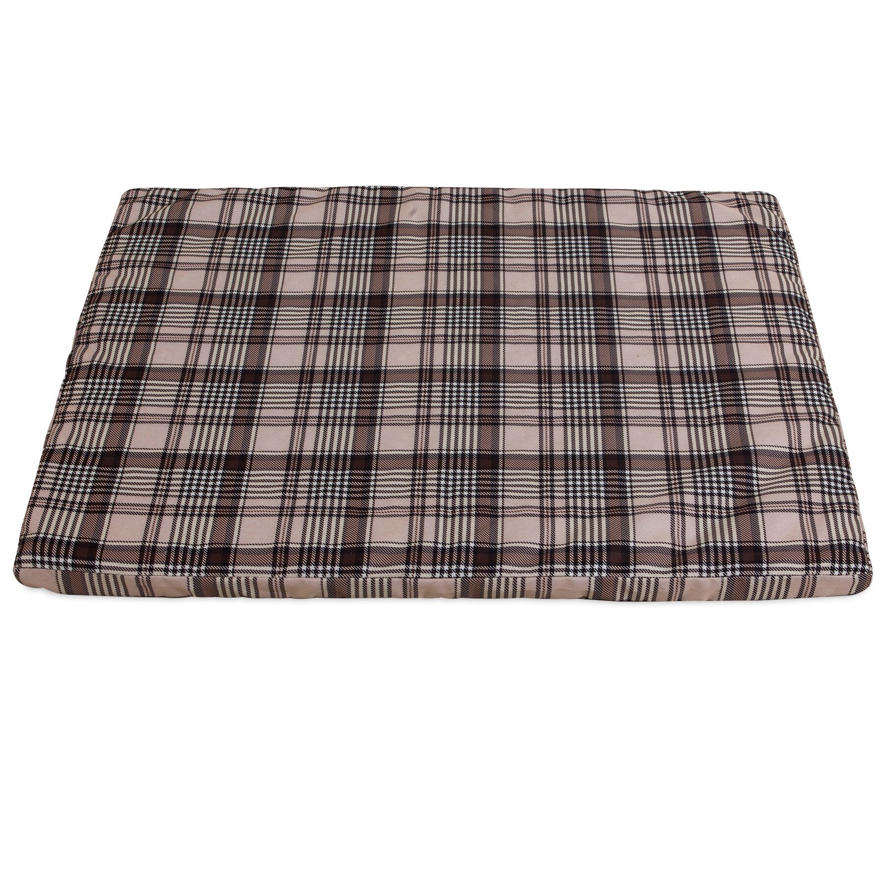 The Aspen Pet Small Plaid Orthopedic Bed features a rectangular cushion with a stylish brown, black, and white plaid pattern. Designed for comfort, it includes thick padding and an egg-crate foam interior. Its removable cover ensures easy cleaning.