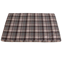 The Aspen Pet Small Plaid Orthopedic Bed features a rectangular cushion with a stylish brown, black, and white plaid pattern. Designed for comfort, it includes thick padding and an egg-crate foam interior. Its removable cover ensures easy cleaning.