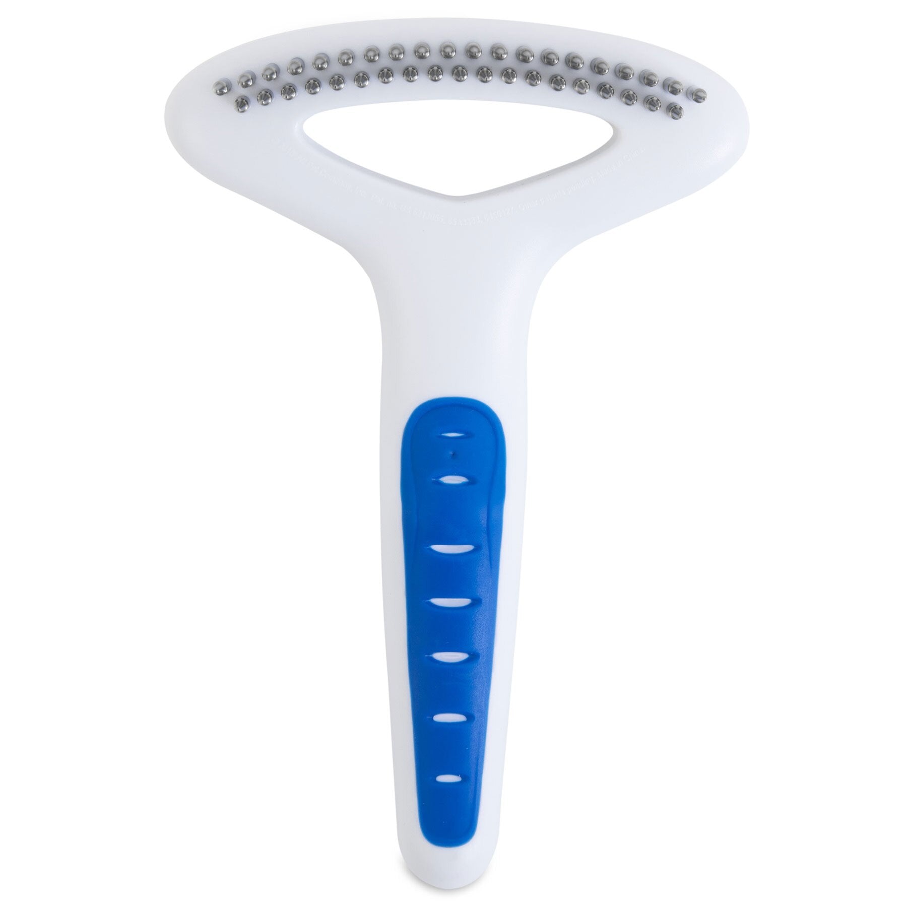 The JW Gripsoft Double Row Undercoat Rake by Jw, with its ergonomic handle and metallic bristles, effectively removes shedding hair and loose fur from your pets undercoat.