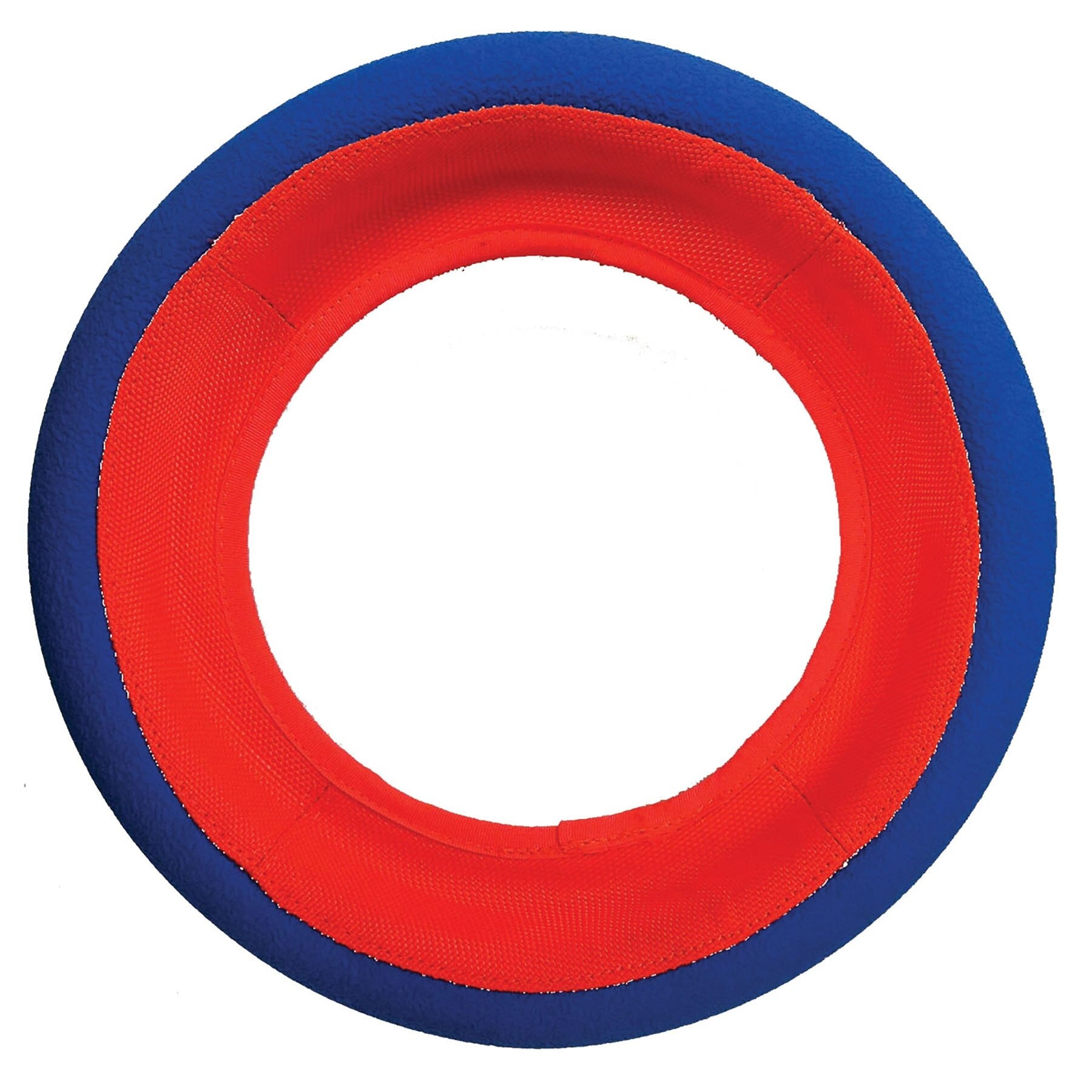 Meet the Chuckit! Fetch Wheel, an innovative dog toy with a blue outer ring and orange inner core. Designed like a frisbee, its perfect for fetch games. Made by Chuckit from durable material with a soft texture, this colorful toy ensures endless fun for your furry friend.