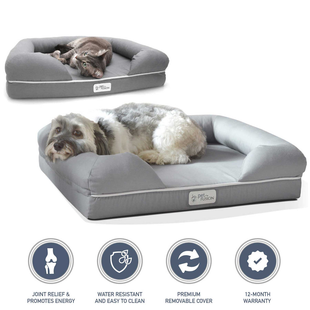 Two pets rest on gray PetFusion Ultimate Dog Beds with memory foam, offering joint pain relief, anxiety support, energy promotion, water resistance, easy cleaning, a premium removable cover, and a 12-month warranty. Feature icons are displayed below the beds.