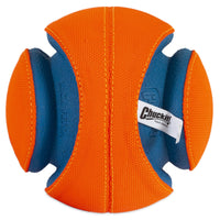 The Chuckit! Kick Fetch Dog Toy by Chuckit boasts an orange and blue design with a textured center and curved panels for easy gripping, ideal for interactive fetch sessions outdoors.
