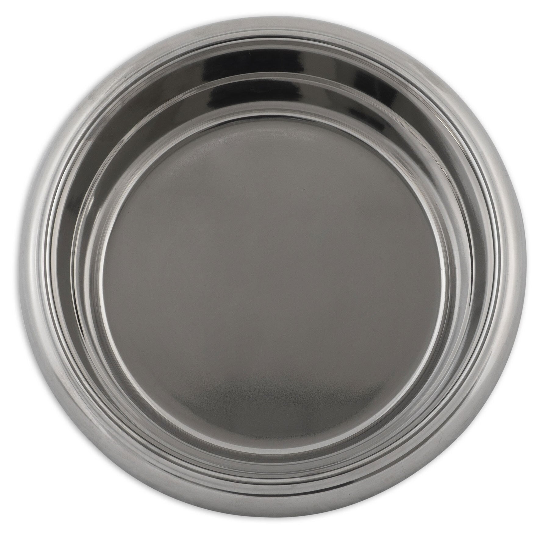 The Petmate Easy Grip Stainless Steel Pet Bowl, a shiny, round bowl with a smooth surface and simple concentric raised edges, is perfectly centered against a plain white background.