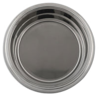 The Petmate Easy Grip Stainless Steel Pet Bowl, a shiny, round bowl with a smooth surface and simple concentric raised edges, is perfectly centered against a plain white background.