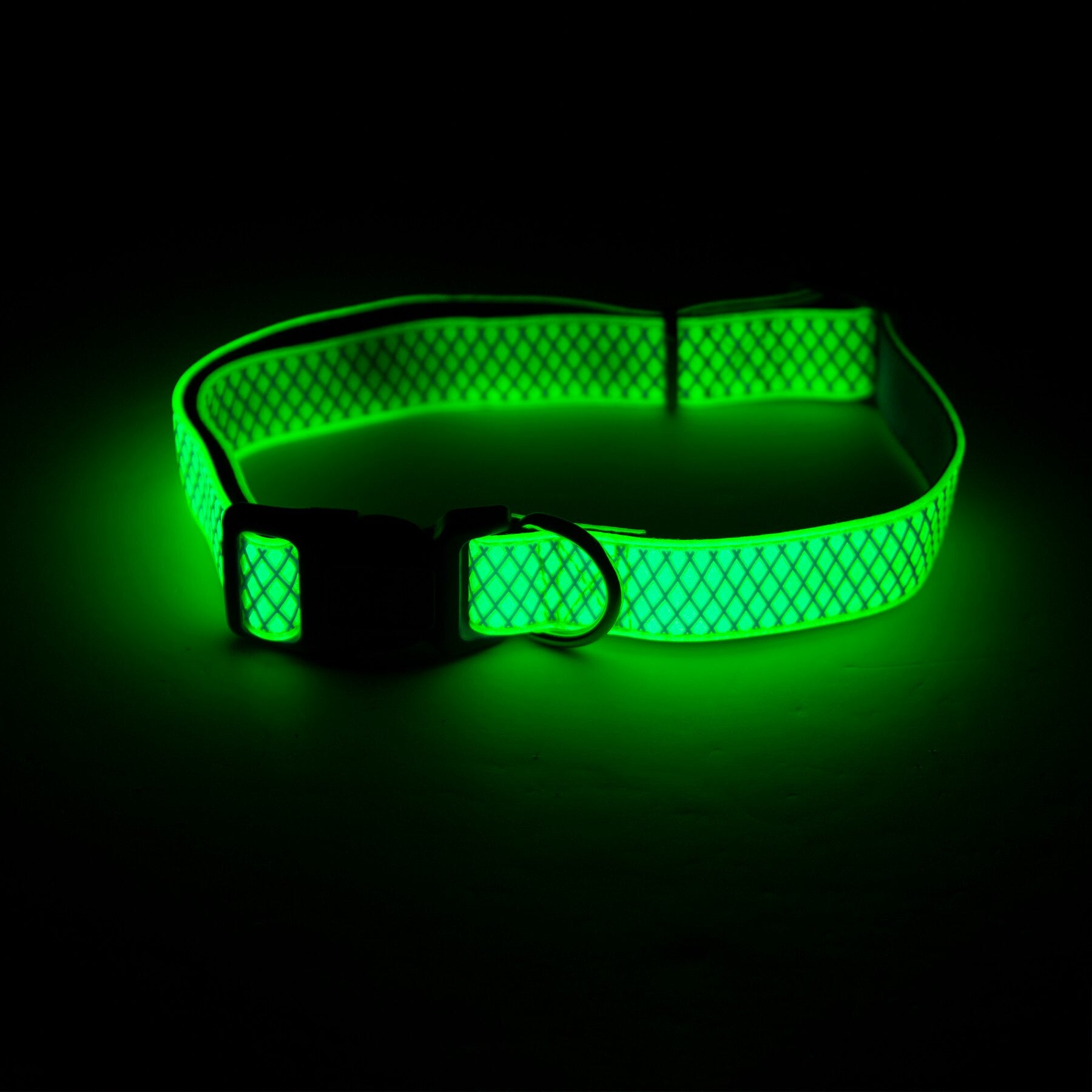 The Petmate Green Grid Glow in the Dark Dog Collar features a grid pattern and emits a bright glow, highlighting its texture, metallic buckle, and D-ring against a dark surface.