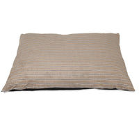 The Aspen Pet Classic Stripe Pillow Dog Bed is a rectangular cushion crafted from micro-terry plush fabric with beige and light brown stripes on a white background. Its machine washable for convenient maintenance.
