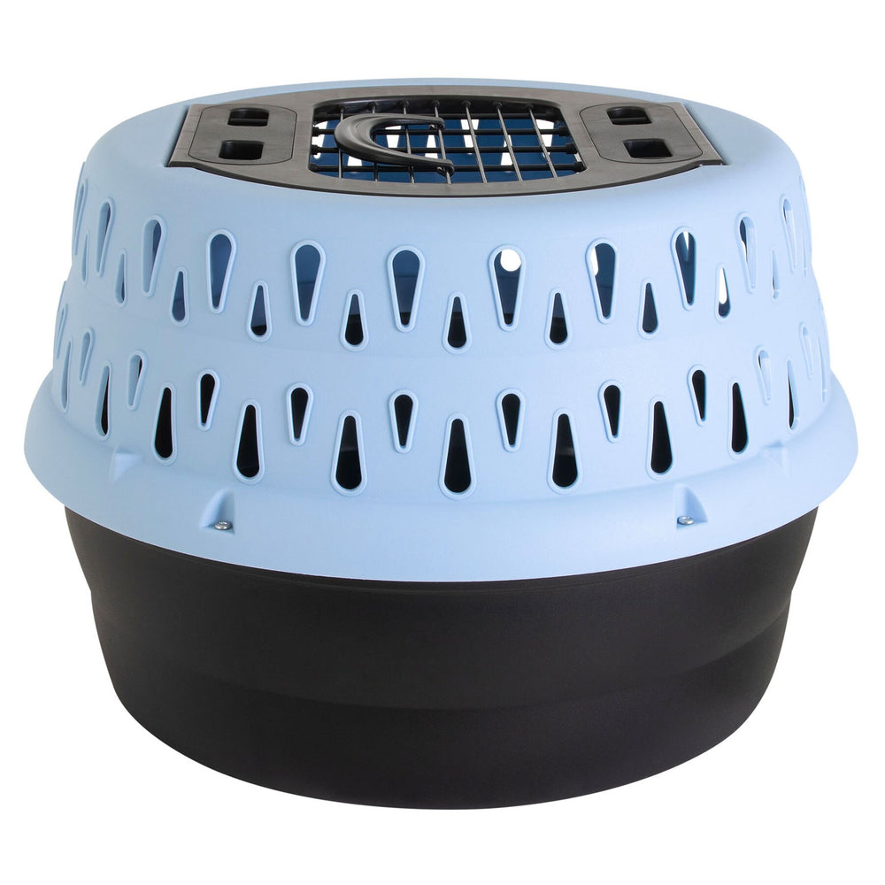 The Petmate Get-A-Round E-Z Load Kennel For Cats features a black base, light blue ventilated top with teardrop-shaped holes, and a secure grated top door, providing cats with a safe and comfortable travel space.