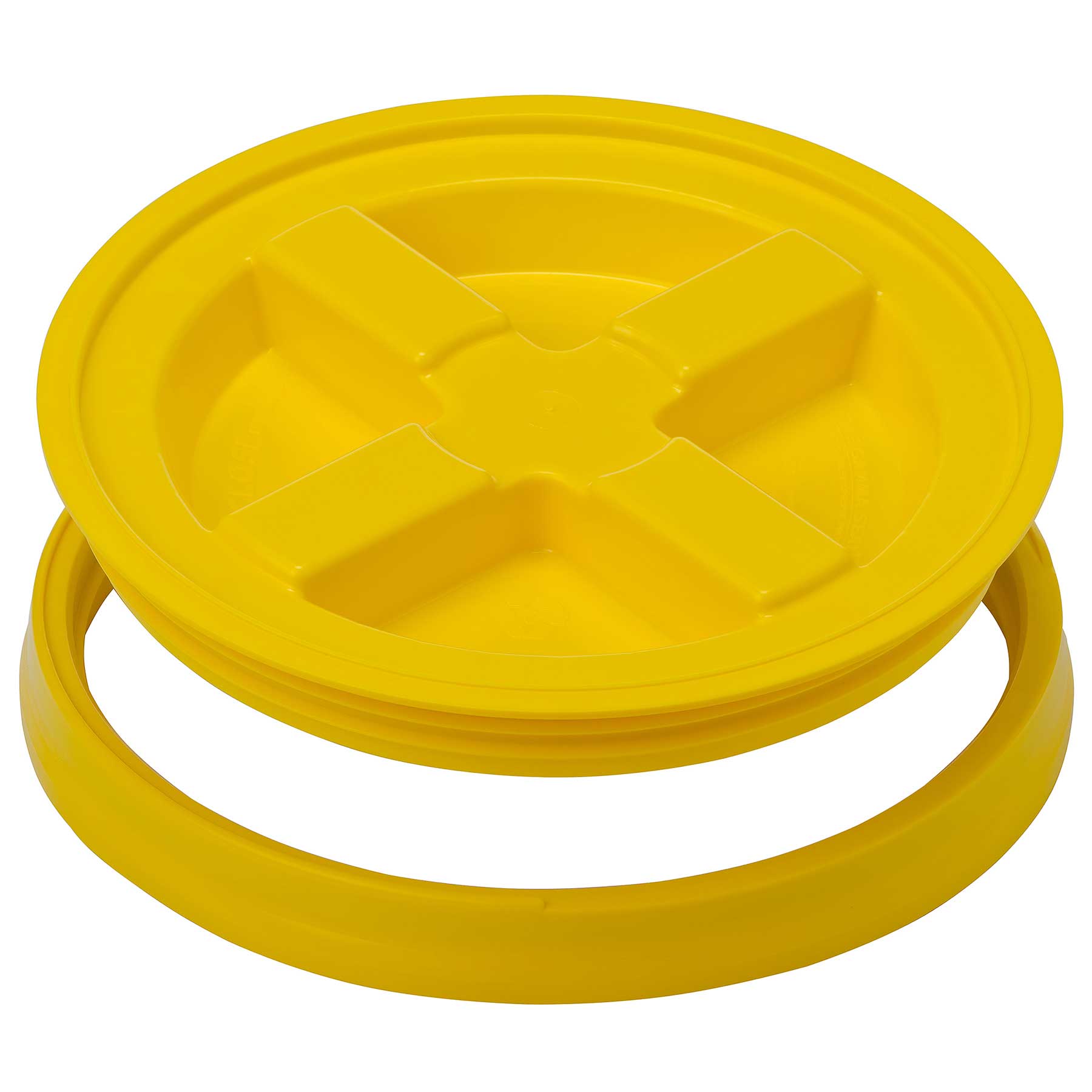 A yellow Gamma2 GAMMA Seal Lid, crafted from BPA-free HDPE plastic, includes a raised cross pattern and separate circular ring to provide an airtight seal for buckets or containers.