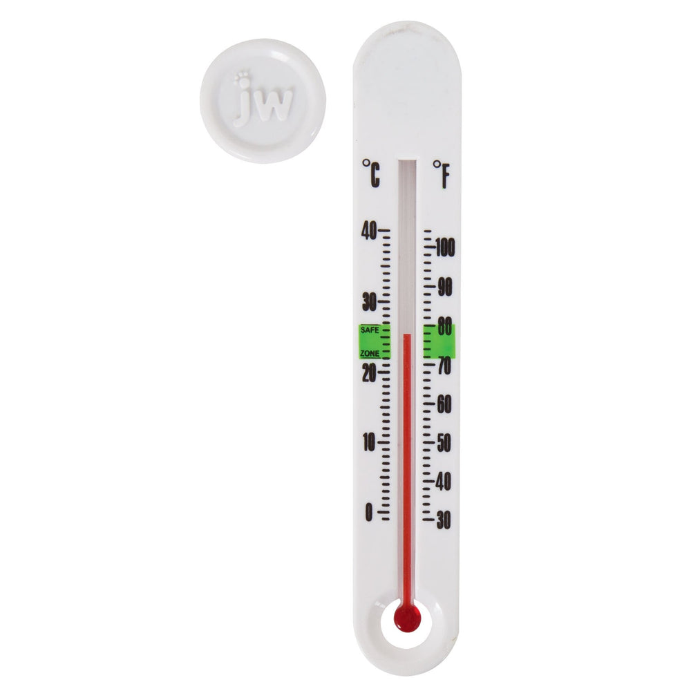 The JW Aquarium SmartTemp Thermometer is a white, vertical tool ideal for tropical fish tanks, showing Celsius on the left and Fahrenheit on the right. The Fahrenheit scale has a green safe zone of 60-80 degrees. A circular jw logo is positioned at the top left corner.